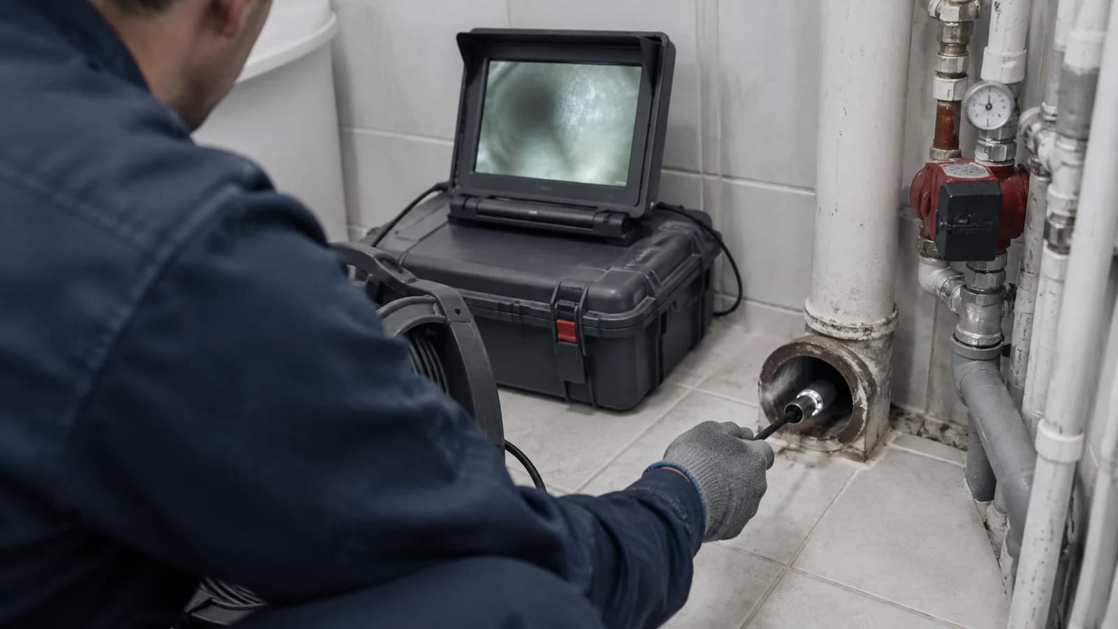 Видеоинспекция трубы камерой с монитором